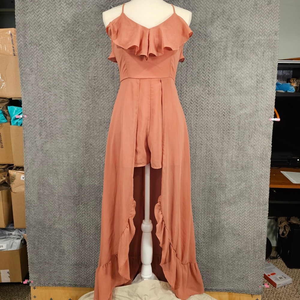 Romantic‎ Ethereal Terracotta Ruffle High Low Maxi Romper Dress Rust Small